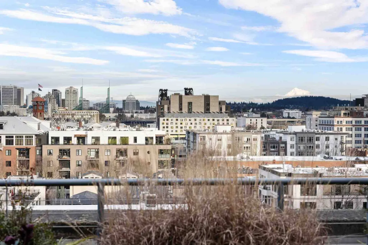 A wide terrace view overlooking the Portland city skyline with distant mountains on the horizon. The foreground features lush potted plants, and the scene captures a tranquil moment at dusk, hinting at the lively city just beyond.