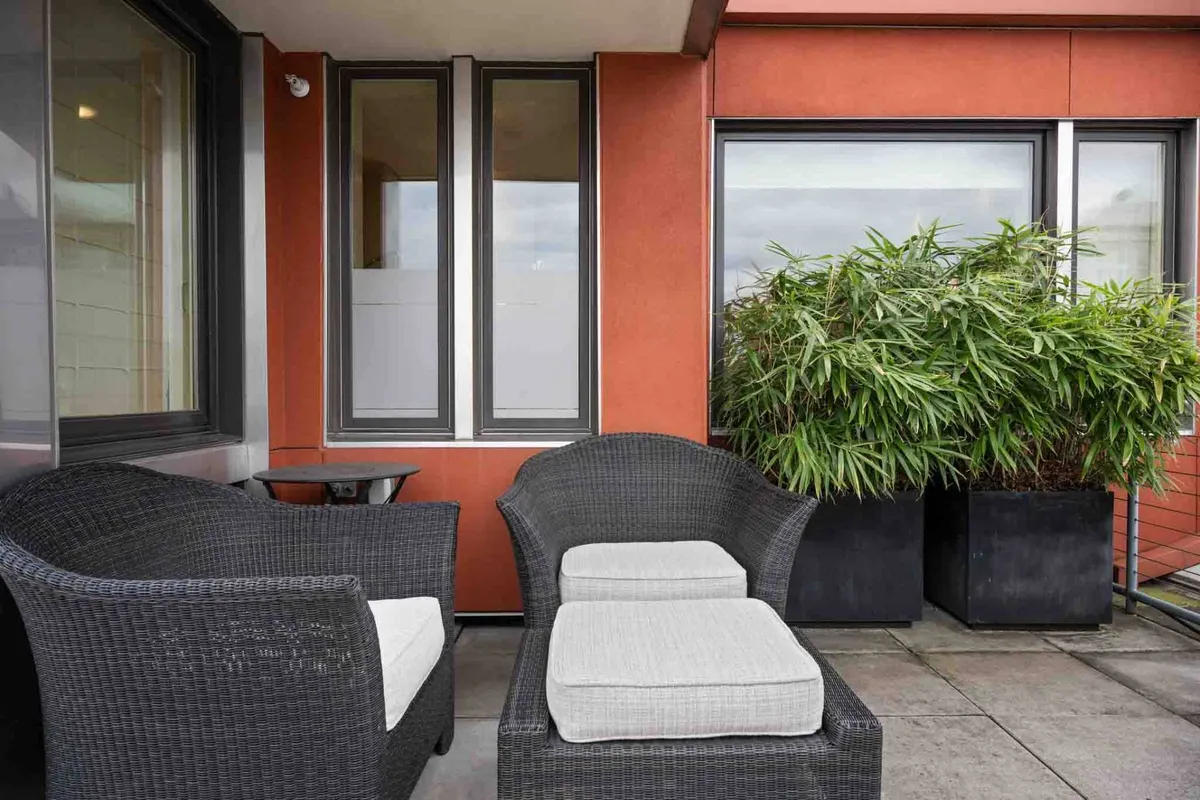 This exterior image features woven outdoor furniture arranged on a serene terrace, accented by potted plants and a gently textured wall. The setting suggests an inviting spot for relaxation or casual social gatherings, with an atmosphere that blurs the line between indoors and out.